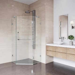 HM-42 in. x 42in. x 76 in. Frameless Hinged Neo-Angle Corner Shower Enclosure IN BRUSHED NICKEL