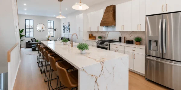 Brass hardware on kitchen cabinets in a New Jersey makeover