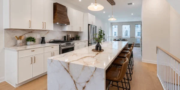 Two-tone white cabinets and walnut hood in NJ makeover